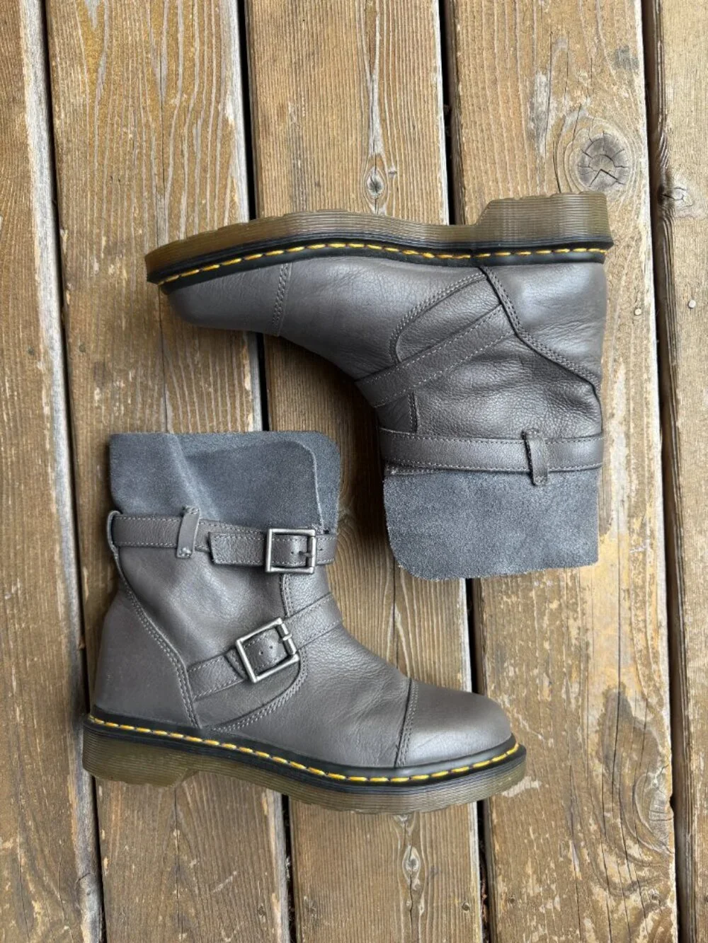 Dr. Martens Gray Leather Kristy Buckle Fold Down Combat Boots in Women's 8/EU 39
